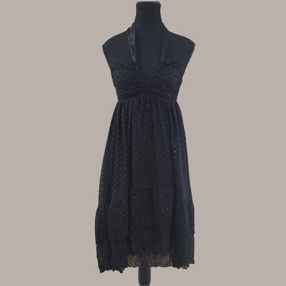 NWT Sexy Black Split Bust Swiss Dot H&M High Low Midi Tiered Halter Dress - Picture 1 of 10